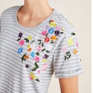 Anthropologie Gray Striped Floral Embroidered T Shirt